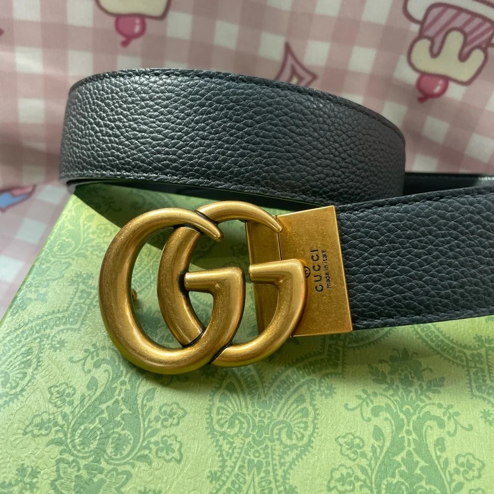 Black Leather Belt with Gold Double-G Buckle - Gucci